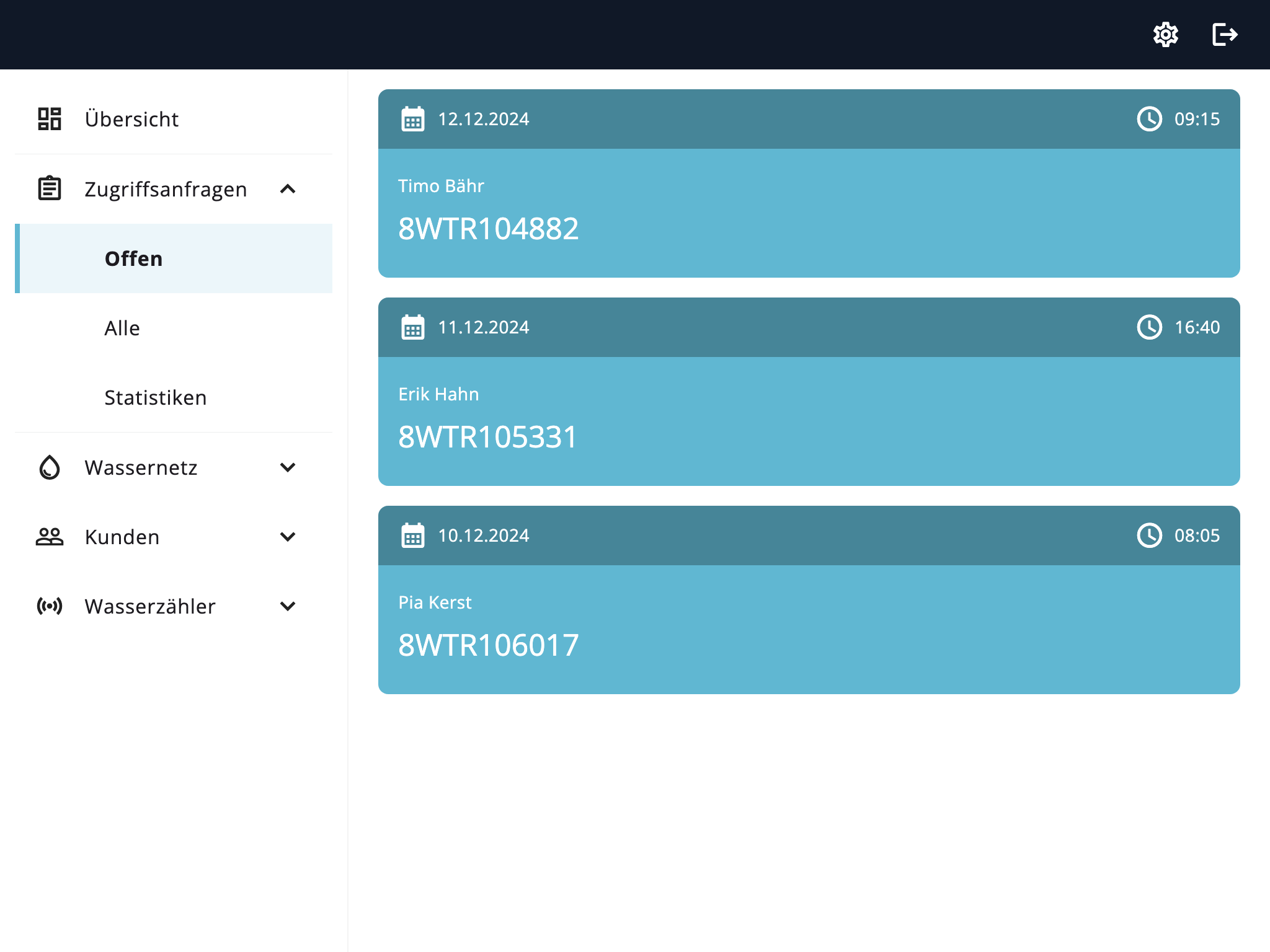 MeterInsights-Dashboard mit Zugriffsanfragen von Haushalten